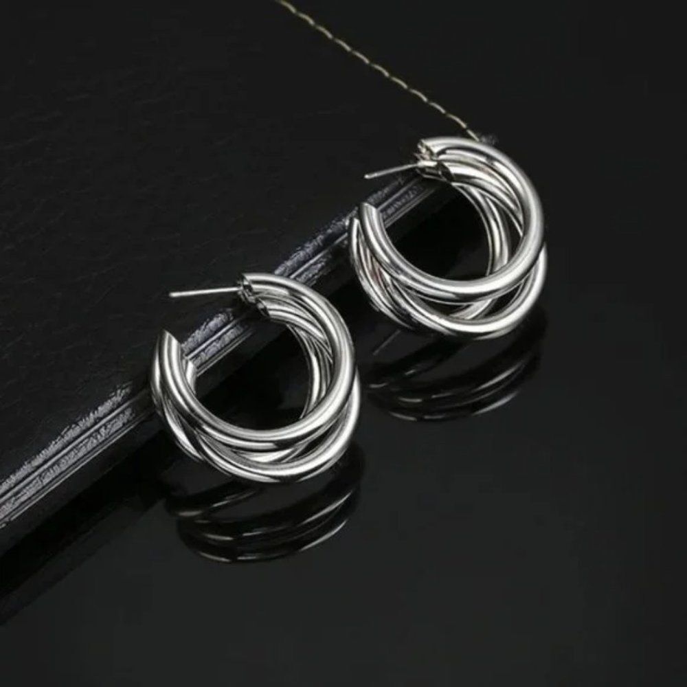 5/$25 Silver Color Triple Hoop Statement Earrings - Picture 6 of 8